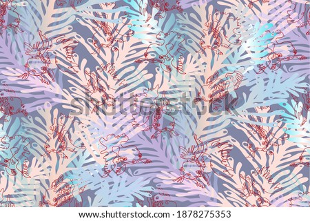 Sea seamless pattern with cute doodle fish of long continuous line on ornate sea reef background. Cartoon design outline sketch for baby printing, packaging, wrapping paper, wallpaper.