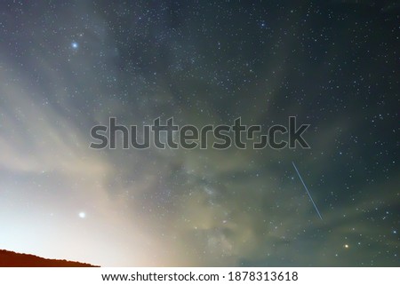 Spring Milky Way, Jupiter and Saturn planets in the night sky.