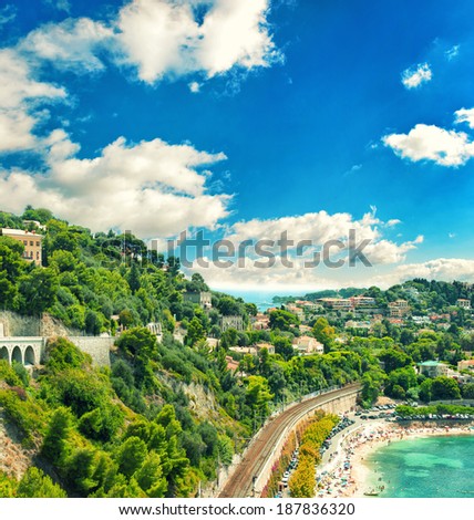 panoramic view of coastline and sea, french riviera. retro style toned picture