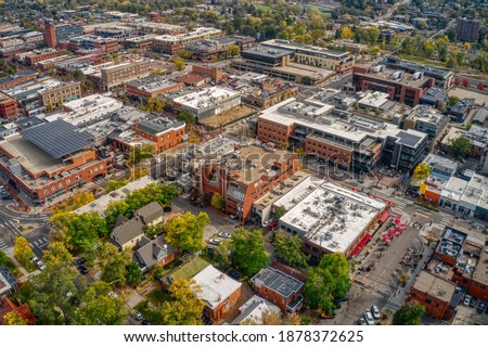 Aerial View of the Shopping and Dining Downtown Center of Boulder, Colorado Royalty-Free Stock Photo #1878372625