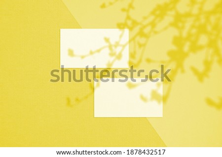 Business card Mockup. Illuminating Pantone Color Of The Year 2021. Natural overlay lighting shadows the leaves. Scene of Leaf Shadows.