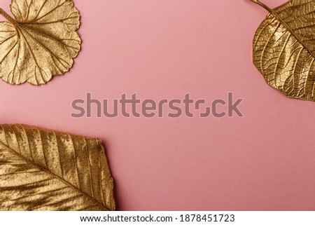 Golden Hazelnut, Geranium and Poinsettia leaves. Golden leaves on pink background. Minimal autumn concept with copy space. Border arrangement background.