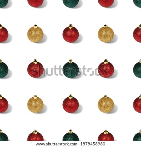 Seamless pattern with Christmas colorful balls on white background. Christmas decorations. Minimal concept.