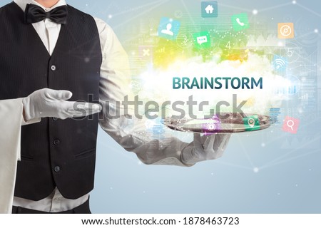 Waiter serving social networking concept with BRAINSTORM inscription