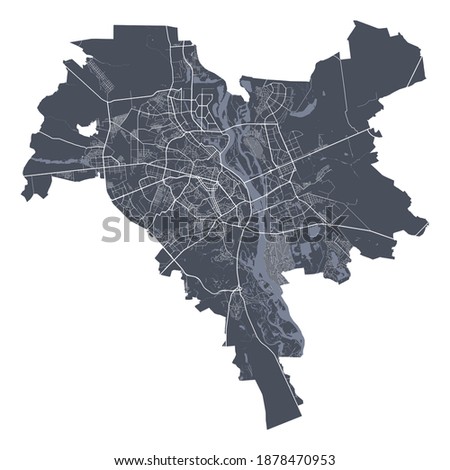 Kyiv Kiev map. Detailed vector map of Kyiv Kiev city administrative area. Cityscape poster metropolitan aria view. Dark land with white streets, roads and avenues. White background. Royalty-Free Stock Photo #1878470953