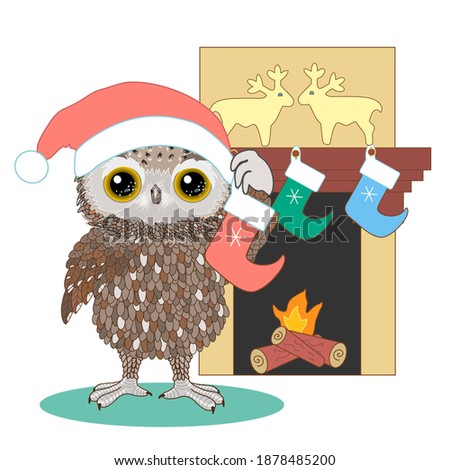 an owl in a Santa hat holds a Christmas sock in his hand against the background of a burning fireplace, on the shelf of which there are deer toys, color vector clip art
