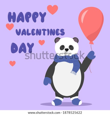 Cute Valentine's Day card. Cute panda character. The panda is holding a balloon. Children's postcard. Vector illustration