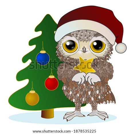 owl in a Santa hat stands near a Christmas tree and holds a golden star in his hands, color vector clip art on a white isolated background