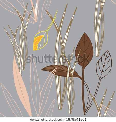 Decorative differen grass for design. Seamless pattern on a gray background. Vector illustration.