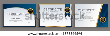 Blue and gold Certificate of achievement template set with gold badge and border. Award diploma design blank. Vector Illustration Royalty-Free Stock Photo #1878544594
