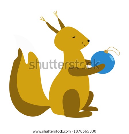Vector illustration of cute squirrel holding a xmas ball. Festive decoration for Christmas. Festive decoration for Christmas, birthday party, for coloring print, invitation carts, postcard, prints