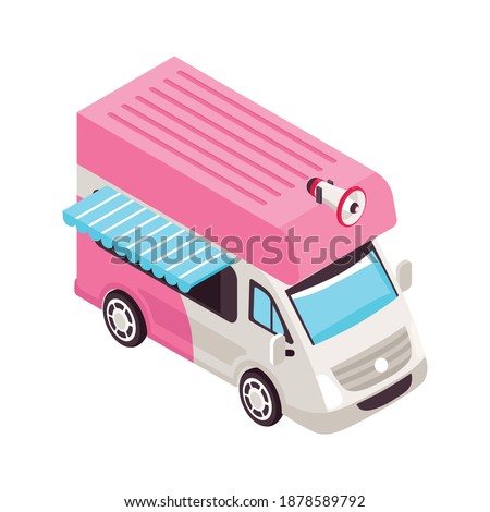 Isometric ice cream composition with isolated van image with counter and shed vector illustration