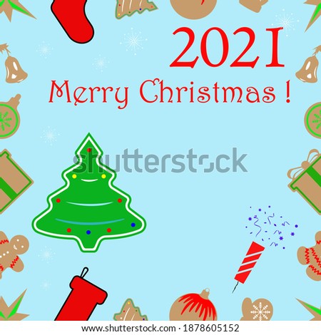 Vector template for text with many different gifts and figures in the form of cookies. Hand-drawn sketches of a colorful Christmas tree and fireworks. Isolated objects under the clipping mask.