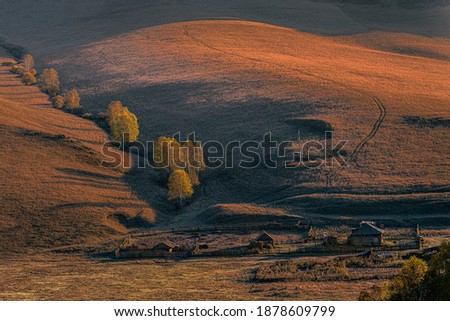 Beautiful Evening on Hills at Altai Krai, Farm at West Siberia, Russia. Calm Tranquil Atmosphere, Layered Slopes in Shadows and Light. Striped Undulating Unreal Abstract Steppe Terrain. Perfect Image
