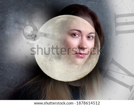Woman's face, time and full moon
