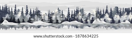 winter landscape reflection with fair trees  under the snow background . Nature, landscape. Pine, spruce, christmas tree. Vector. 