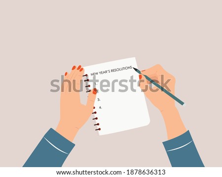 Woman writing new year's resolutions in her notebook.  A list of goals concept. Female hand. Colorful, modern vector illustration in cartoon flat style. Royalty-Free Stock Photo #1878636313