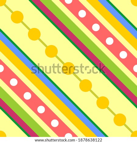 Bright seamless image with diagonal pattern. Vector design with stripes and dots.