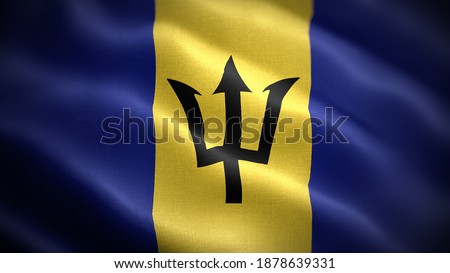 Close up waving flag of Barbados. Flag symbols of Barbados.