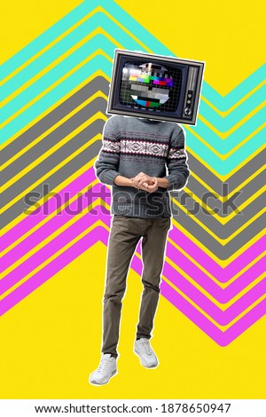 Collage - full-length male portrait with a TV instead of a head. Conceptual collage of how TV affects a person. The concept of magazine culture in a modern style.