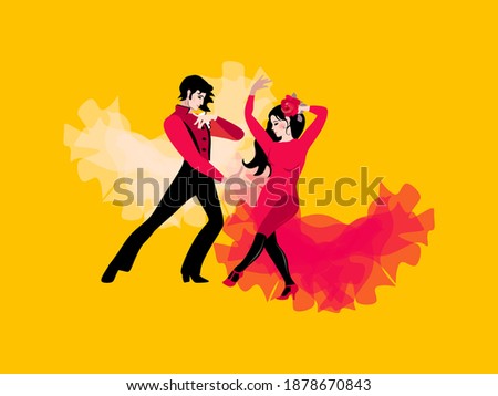Beautiful young couple in traditional Spanish costumes dancing flamenco. Girl and young man isolated on a yellow background. Stylish postcard. Wedding invitation. Poster.
