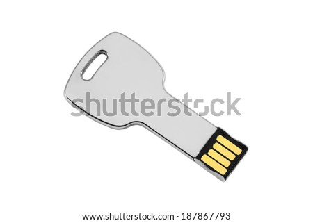 Silver colored USB-stick shaped like a key, isolated on white