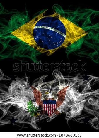 Brazil, Brazilian vs United States of America, America, US, USA, American, Vice President smoky mystic flags placed side by side. Thick colored silky abstract smoke flags.