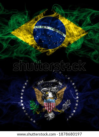 Brazil, Brazilian vs United States of America, America, US, USA, American, President smoky mystic flags placed side by side. Thick colored silky abstract smoke flags.