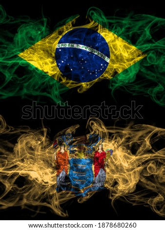 Brazil, Brazilian vs United States of America, America, US, USA, American, New Jersey smoky mystic flags placed side by side. Thick colored silky abstract smoke flags.