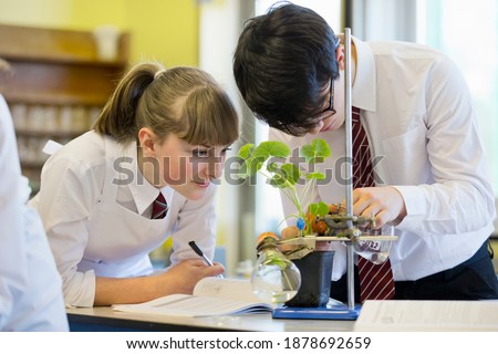 High school students conducting scientific experiment on a plant during a biology class. Royalty-Free Stock Photo #1878692659