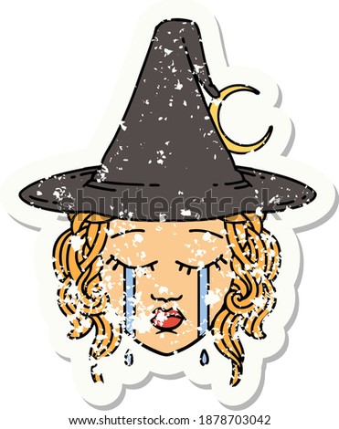 grunge sticker of a crying human witch character