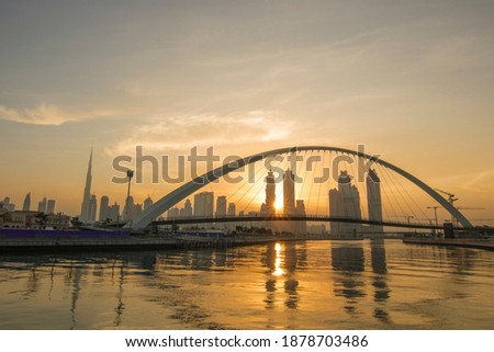 Beautiful Sunrise View of Tolerance Bridge in Dubai Canal - Pedestrian Bridge Dubai Sunrise - Golden Hour photography Dubai -