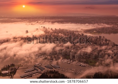 Downtown Vancouver, British Columbia, Canada. Aerial View of the Modern Urban City, Stanley Park, Harbour and Port. Viewed from Airplane Above. Colorful Sunrise Artistic Render