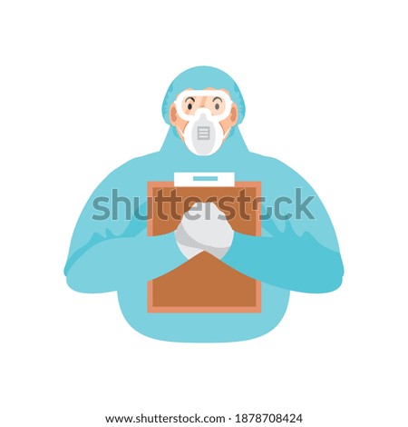 doctor in safety protection suit dress, mask, glasses and clipboard vector illustration