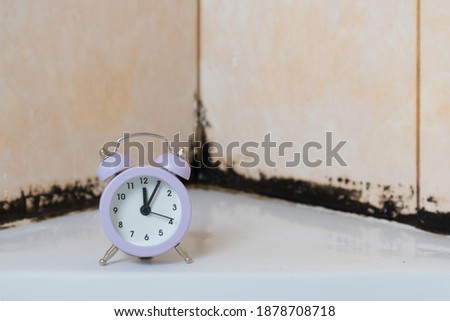 There's a clock in the shower stall. On the background of silicone putty, black from mold. The concept of old age and the passage of time. Control of the time of application of the mold control agent