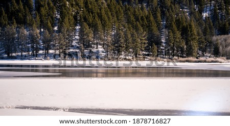 Image of a snow covered lake. Ice and snow have fallen and there is a haze of fog above the lake.