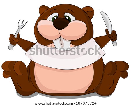 Cute cartoon unusual vector Beaver with spoon and fork