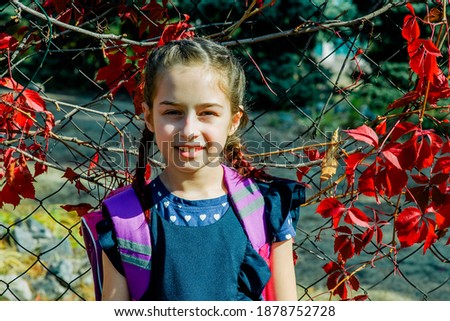 Girl with beautiful hair on a background of nature. SSchoolgirl in a blue school dress.