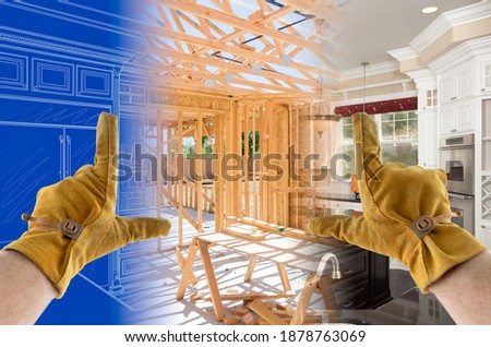 Framing Hands With Gloves Over Kitchen Drawing, Construction Framing and Finished Build.