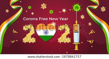 Corona Free Happy New Year 2021. Concept of Covid-19 vaccine in new year. Happy new year India after pandemic. Vector illustration.