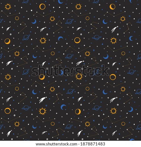 Space seamless pattern. Astrological background. Sun, Saturn, constellations, comets and stars on a dark background. Vector shabby hand drawn illustration