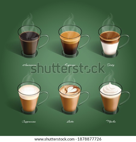 Set of hot coffee americano, espresso, dirty, cappuccino, latte, mocha, in a cup Design for the Coffee shop menu. Perspective view. 3D Realistic. Vector illustration Royalty-Free Stock Photo #1878877726