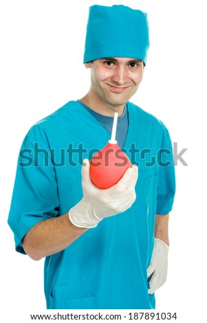 a young smiling male doctor (nurse, student, intern) with a rubber bulb