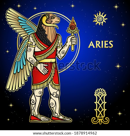 Cartoon color illustration: Zodiac sign Aries.   Character of Sumerian mythology. Full growth. Background - night stars sky. Vector illustration
