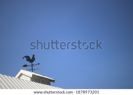 Roof Skyline with Weather Vane: A picture of a house roof featuring a weather vane shaped like a rooster, against a clear blue sky with no clouds.