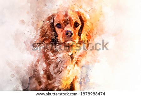 A painting of a Cavalier King Charles Spaniel dog, in the style of watercolor.