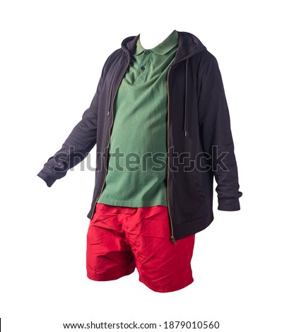 black sweatshirt with iron zipper hoodie,green   t-shirt and red sports shorts isolated on white background. casual sportswear