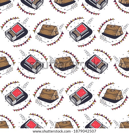 Firewood and matches. Seamless pattern on a white background. Cute vector illustration.