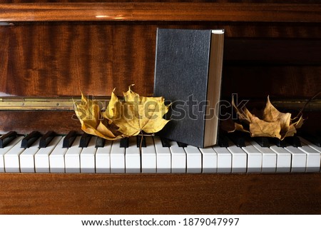 The book in a black cover similar to the Bible is on the keys of an old piano, next to it are autumn yellow leaves, the concept of development, spiritual education. Selective focus Royalty-Free Stock Photo #1879047997