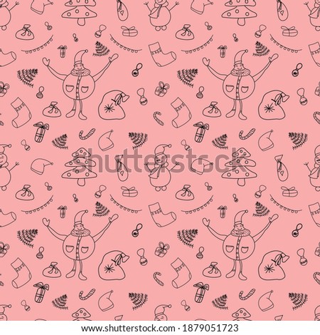 Christmas vector doodle seamless pattern with happy Santa Claus on a pink background
